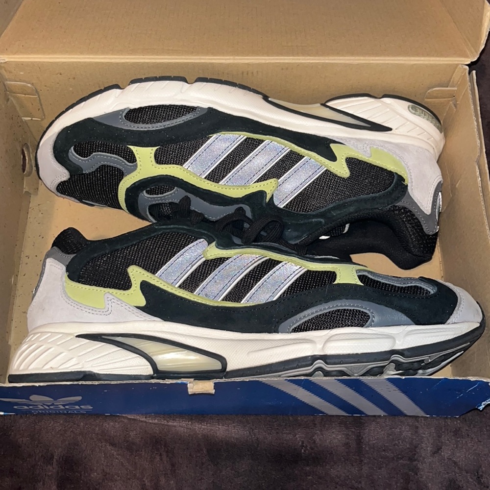 Size 12 adidas color black green grey and white temper run worn twice